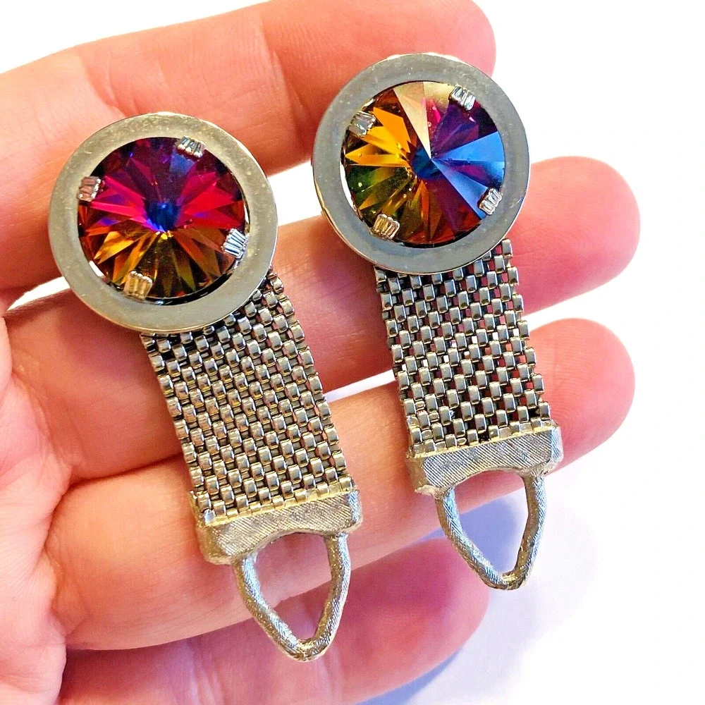 Vintage Mid Century Cufflinks Chunky Silvertone Mesh Wrap Watermelon Stones
